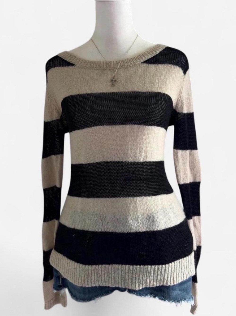 Gap Y2K Black Cream Striped Open Knit Sheer Sweater Top Size Medium